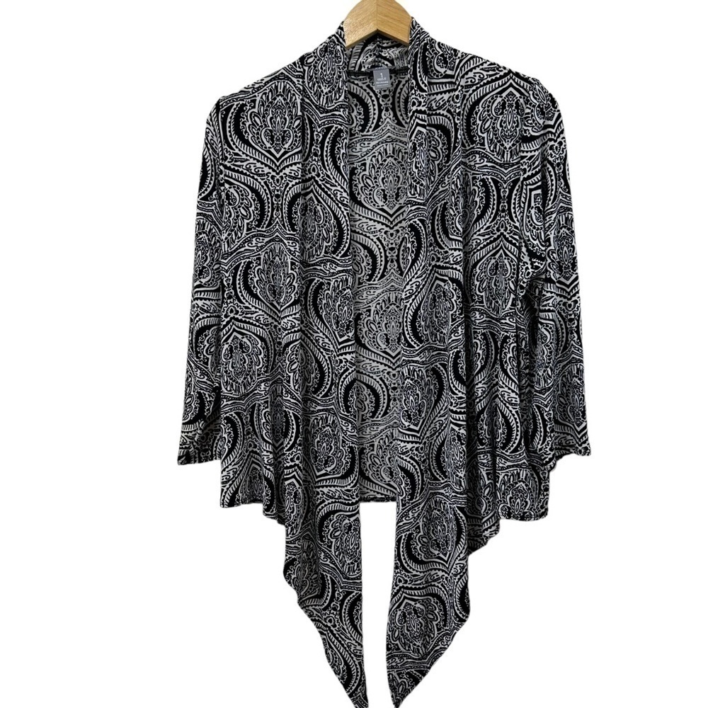 Chico's Travelers Black and White Paisley Scarf Cardigan Sweater Jersey, size 1